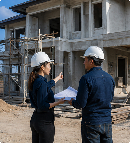 Two construction workers wearing white hard hats discuss building plans