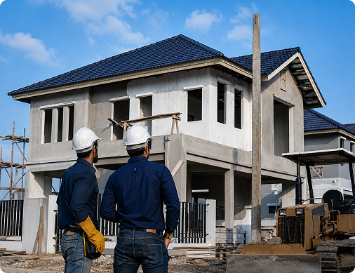 Two construction workers wearing white hard hats stand in front of a partially constructed two-story house
