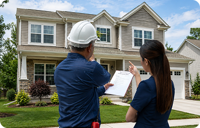 Home builder and homeowner reviewing construction plans in front of a custom home